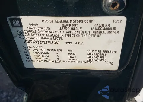 2003 Chevrolet Tahoe Lt from USA, damaged, VIN 1GNEK13Z13J161981